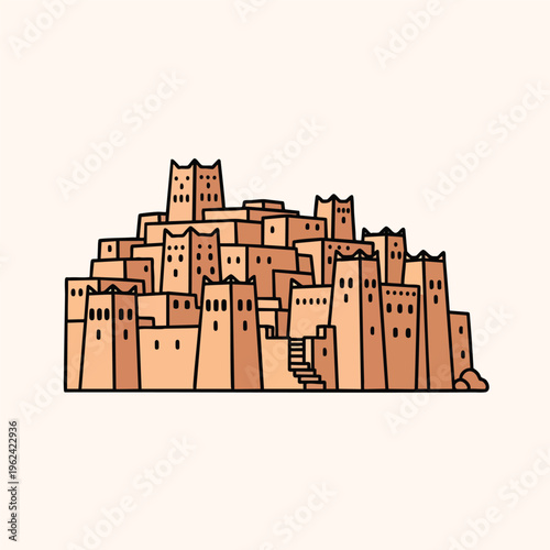 Illustration of stacked buildings with a layered design, featuring a series of rectangular forms and flat roofs. It has a step, with windows and a black outline