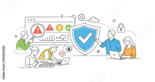A business continuity and digital protection scene representing vulnerability assessment as a safeguard against threats, where a coordinated team identifies and resolves issues