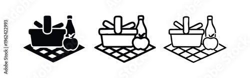 Picnic Basket Scene Icons with Food and Drink on Checkered Blanket.