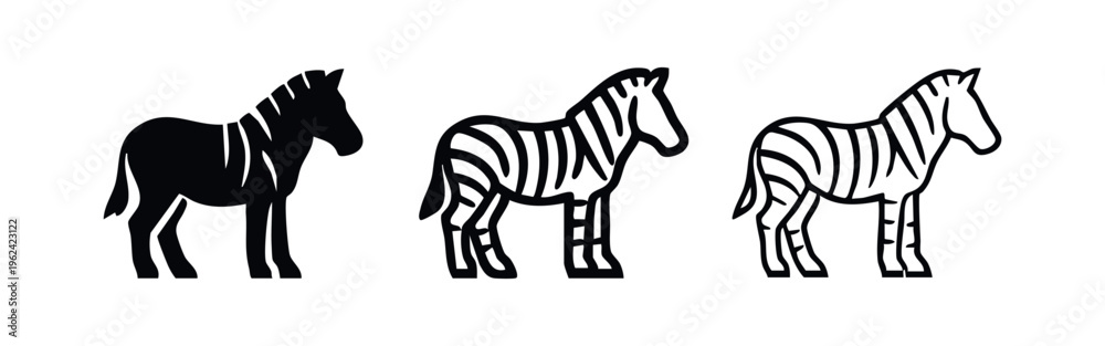 Fototapeta premium Zebra icon set. African striped animal symbol in flat black, thick outline, and thin line styles.