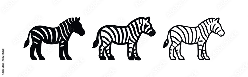 Fototapeta premium Zebra icon set. African safari animal symbol in flat black, thick outline, and thin line styles.
