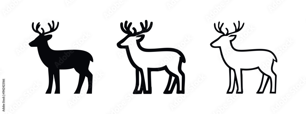 Fototapeta premium Deer Silhouette and Outline Icon Set. Stylized Black and White Standing Buck Vector Illustration.