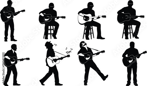 A silhouette vector set of acoustic guitar players in varied standing and seated poses, featuring solo musicians isolated on white background for music themes.