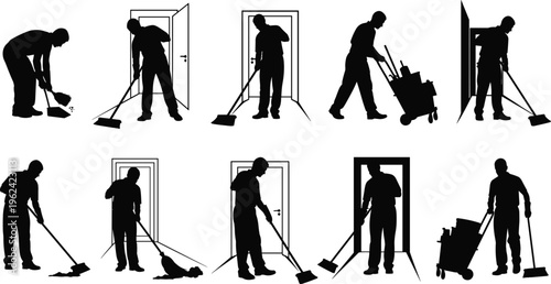 A silhouette vector collection of janitor cleaning scenes in different poses, featuring sweeping, mopping, and cart handling workers isolated on white background.