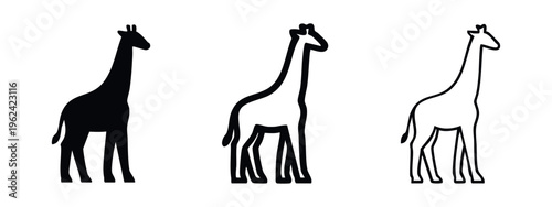 Giraffe icon set. African wildlife animal symbol in flat black, thick outline, and thin line styles.