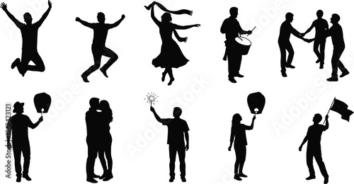 A silhouette vector set of celebration people in dynamic poses, featuring dancing, jumping, hugging, drumming, and festive gestures isolated on white background.