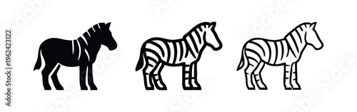 Zebra icon set. African striped animal symbol in flat black, thick outline, and thin line styles.