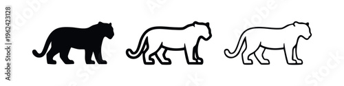 Panther Silhouette and Outline Icon Set. Stylized Black and White Big Cat Vector Illustration.