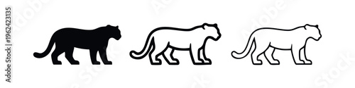 Panther Silhouette and Outline Icon Set. Stylized Black and White Big Cat Vector Illustration.