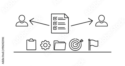 Task delegation and responsibility distribution for efficient teamwork and balanced workload across team members in a professional environment, checklist sheet, arrow split, user