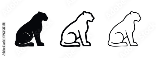 Panther Silhouette and Outline Icon Set. Stylized Black and White Sitting Big Cat Vector Illustration.