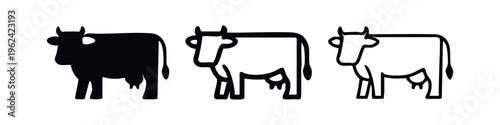 Dairy Cow Icon Set: Stylized Silhouette and Outline Icons of a Cow with Udder, Representing Milk and Farming