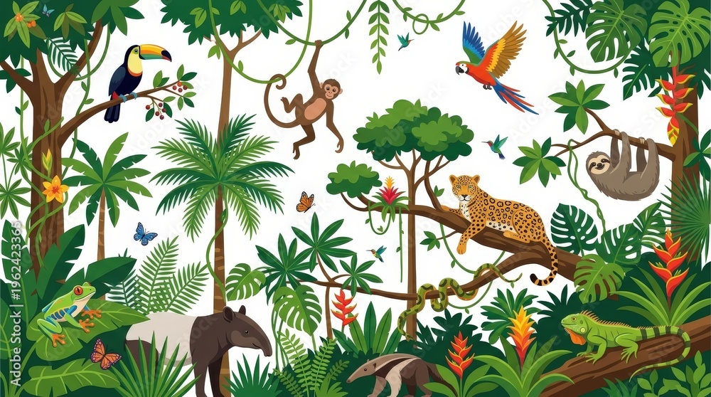 Fototapeta premium Tropical jungle with exotic animals.
