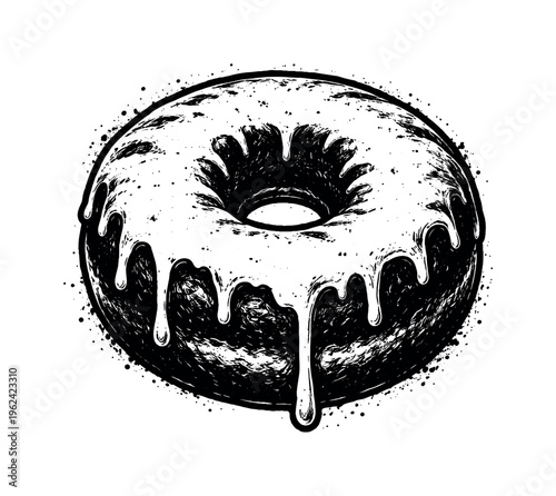 A realistic donut with dripping glaze shown in direct frontal view, enlarged to dominate the frame and isolated on a pure white background, its circular form