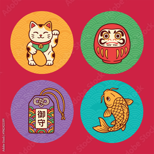 Japanese lucky charms and symbols collection.