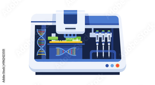 Automated Genetic Sequencing Robot: Modern Lab Biotechnology & DNA Research Illustration