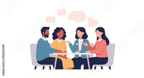 Diverse Team Collaboration & Communication: Professionals Exchange Ideas in Meeting. Flat Design Illustration with Speech Bubbles for Business Discussion & Connection.