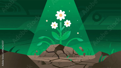 Illustration Of Cracked Ground Then Green Light Appears And Flowers Grow Rapidly Upwards, Concept Of Rebirth And Growth Vector Design Template
