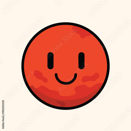 A red smiley face, outlined in black, with a simple smiling mouth and two black dots for eyes. It is centered on a cream background