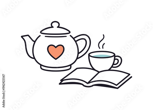 Pleasant relaxation moment and enjoying light personal refreshment during comfortable free time at home, a minimal teapot combined with a small heart icon symbolizing care, warmth