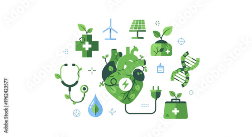 Green Heart Health, Sustainable Energy & Natural Wellness Concept. Medical, Eco-Friendly Technology, DNA, and Environmental Solutions for a Healthier Future.
