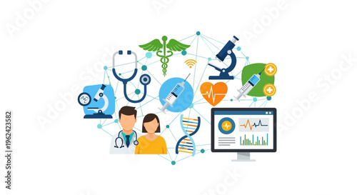 Digital Healthcare Network: Integrated Medical Services, Telemedicine & Health Technology Icons