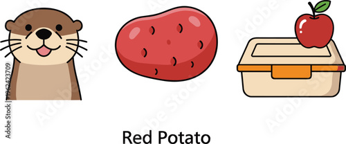 Cute otter character face, red potato vegetable, and lunch box with apple flat vector illustration set isolated on white background for kids design.