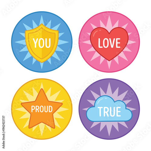 Four circular badges with positive words.