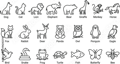 Animal Outline Icon Set with Labeled Wild and Domestic Animals Including Dog Cat Lion Elephant Bird Fish and Insect Symbols for Education and Design