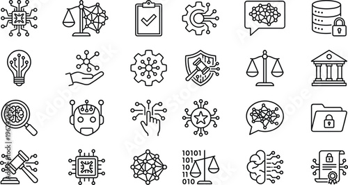 Artificial Intelligence and Technology Line Icon Set Featuring Machine Learning, Data Security, Neural Networks, Automation, and Digital Innovation Symbols for Web and App Design