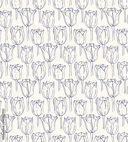 Tulip Flower Botanical seamless Pattern. Minimal plant hand-drawn graphic abstract sketch ink black and white freehand brush pen floral drawing, rustic meadow backdrop.