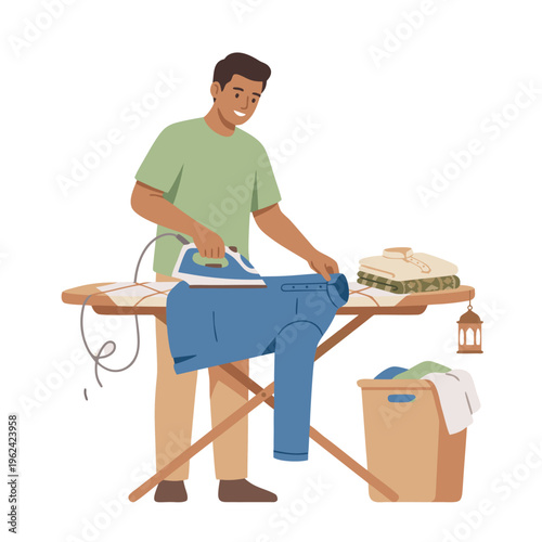 Man ironing clothes on ironing board with laundry basket.
