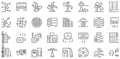 Collection of line icons representing various air conditioning and ventilation devices for climate control.