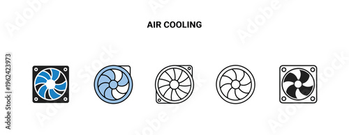 Set of colorful and outline icons representing computer fans and air cooling systems for technology.