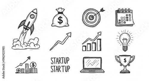 Startup concept doodle illustration. Hand-drawn rocket, money bag, target, and calendar icons for business growth and planning..eps