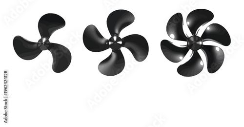 Three black ship propellers with different numbers of blades on a white background