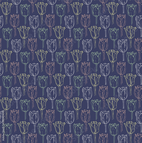 Tulip Flower Botanical seamless Pattern. Minimal colourful plant hand-drawn graphic abstract sketch ink freehand contour, brush pen floral drawing, rustic meadow backdrop