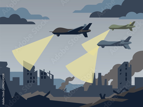 Military Drones Surveilling Destroyed Cityscape.