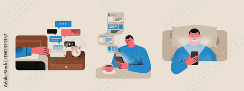 Man Using Smartphone in Bed and During Breakfast, Concept of Phone Addiction, Social Media Overuse, Digital Detox, Mental Health and Sleep Deprivation, Flat Vector Illustration with Grain Textur