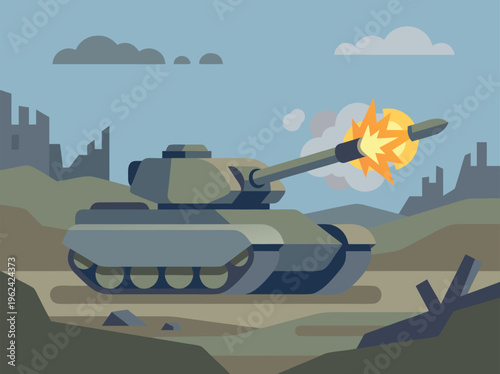 Modern military tank firing a projectile in a war zone.