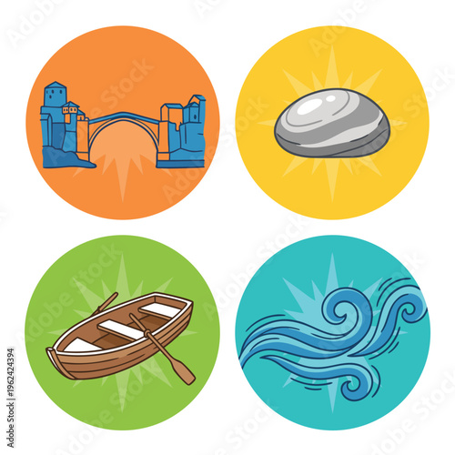 Four Elements Represented by Icons - Bridge, Stone, Boat, and Water.