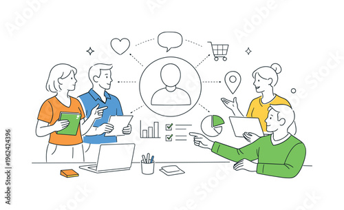 A business analysis setting where teams gather and organize customer insights to build representative personas for targeted marketing and improved engagement, illustrated by a