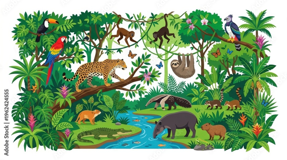 Fototapeta premium Tropical jungle with exotic animals.