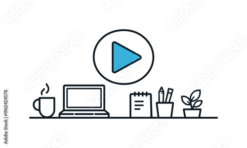 Daily work initiation and getting ready to handle important professional duties in an organized routine, a simple office desk surface combined with a small play button icon