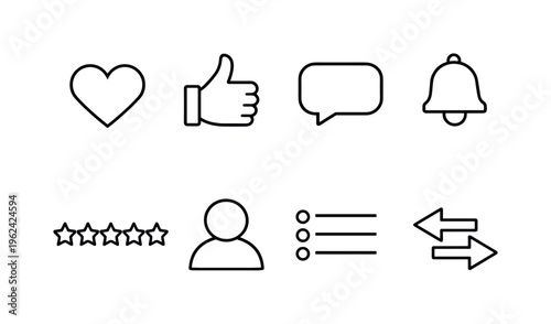 User engagement icons: reaction heart, approval thumbs up, message chat, alert bell, rating stars, profile avatar, activity feed, interaction arrows