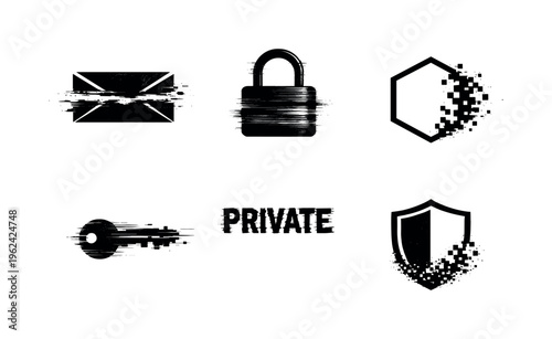 Data encryption and privacy concept  a set of five glitch-distorted monochrome symbols suspended as isolated elements on a perfectly clean white background,