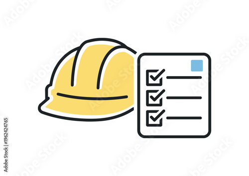 Workplace safety preparation process in an industrial environment focused on verifying required protective equipment before starting hazardous tasks, a simple hard hat icon paired