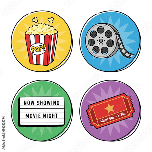 Movie Night Icons Set.