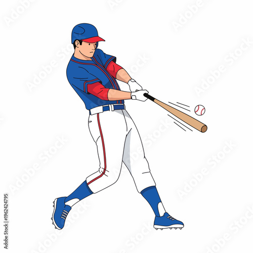 Illustration of a baseball player swinging a bat with motion lines, wearing a blue and red uniform with white pants on a white background.