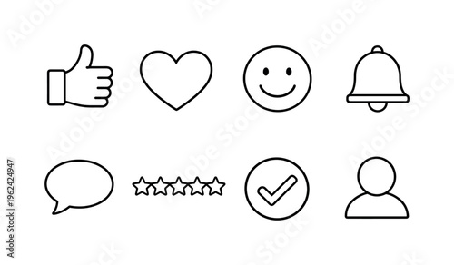 Like reaction feedback: thumbs up, heart icon, smiley face, notification bell, speech bubble, star rating, checkmark circle, user profile